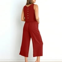 Дамски летни комплекти солидна без ръкаща блуза +разхлабени джобове панталони комплекти червено 8