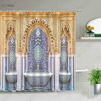 Водоустойчива тъкан душ завеса арабска арка Мароко антични врати Печат баня на екрана стара дървена врата завеси за баня с кука