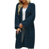 Дамски плетен дълъг ръкав твърд цвят свободен плюс размер двоен джобно жилищен пуловер яке