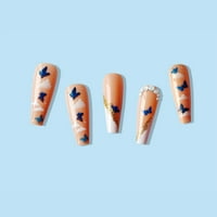 Натиснете на ноктите дълги фалшиви нокти Френски сини пеперуди облаци Модел Блясък дизайн Нокти за жени и момичета