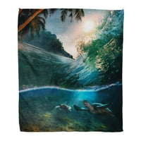 Хвърлете одеяло топло уютно печат фланелен тропически рай Слънчев океан Сърфинг вълна и две големи зелени удобни меки за диван и диван на леглото