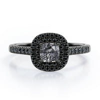 Двоен ореол стил - 0. TCW Princess Cut Black Rutilated Quartz and Lab създаде черен диамант - прорязана годежен пръстен с павиля - 18k черно злато.
