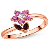 Gem Stone King Keren Hanan Flower Open Ring за жени 0. CT Marquise Red Garnet Pink Създаден сапфир 18K розово злато Платен сребърен пръстен