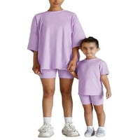 Frontwalk Mommy and Me Straight Leg Solid Color Summer Outfits родител-дете разхлабени къси панталони комплект еластични талии плажни върхове+мини панталони комплекти