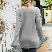 Пуловер на Гузом за жени в продажба- Небрежни върхове Солидни студени пуловери за рамо за жени Модрени върхове Нови пристигания Сив размер 6