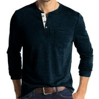 Мъжки основни тениски свободни прилепнали плътни цветен бутон кръгла врата с дълъг ръкав пуловер