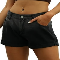 Beiwei жени джобове прави дъна на краката Zipper бутон мини панталони Roll Hem Beach Summer Denim Shorts