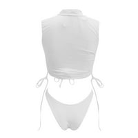Fsqjgq дамски бански костюми Комплекти за жени бански костюми с сутиенни женски мрежести мрежести бикини комплекти високо изрязване на бански костюми Два бански костюми бял XL