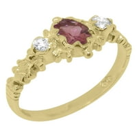 Британски направени 9k жълто злато Естествено розово турмалин и диамантен женски пръстен - Опции за размер - размер 6.5