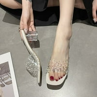 Дамски клинови сандали модел моден кристал перла прозрачна квадратна пета неплъзгаща се приплъзване на обувки бежово 40