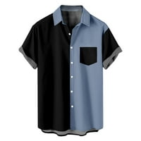 Мъжки небрежен бутон надолу тениски модерен цветен блок печат Лято късо ръкав Графични тениски върхове с джобове свободни годни плажни хавайски ризи сини l
