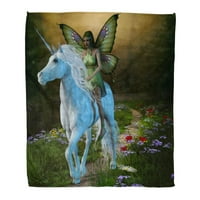 Фланелен хвърляне на одеяло Fantasy Forest Fairy and Unicorn Rides White Down Down Path в вълшебната приказка лека уютна плюшена пухкава топла размита мека