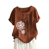 Дамски върхове кръгло деколте жени блуза ежедневни флорални летни ризи с къс ръкав кафяв 2xl