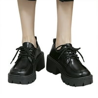Свободно време жените изкуствена кожа есен с дебелина подметка квадратни токчета дантела с къси обувки кръгли обувки с пръсти, черно