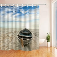 Тропичен морски декор дървена лодка на пясъка край морската полиестерна тъкан за баня за баня за баня завеса