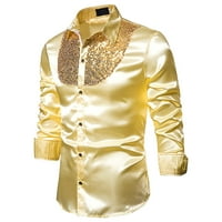 Мъжки небрежни ризи с копче, мъжки метални рокли ризи с дълъг ръкав с дълъг ръкав надолу 70-те години дискова риза парти костюм злато s