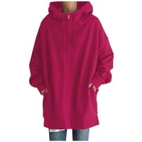 Якета Daznico за жени жени Суитчър модна хлабава солидна цветна улично облекло джобна цип с теглене с дълъг ръкав с качулка пуловер горещо розово l