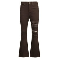 Женски панталони с висока талия с твърд цвят дупка джобни дънки облицовка еластична b Покажете високи тънки дънки работни панталони за дамски